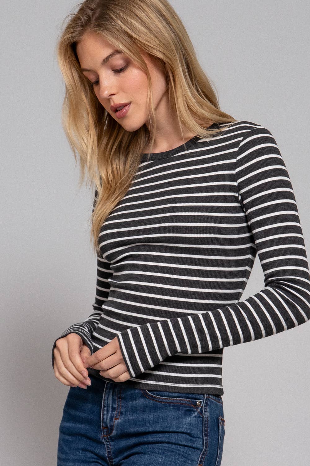 Long Sleeve Crew Neck Yarn Dyed Stripe Knit Top