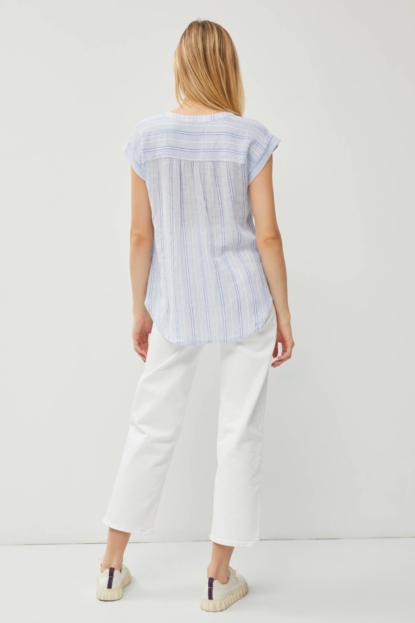 Striped Linen Mandarin Collar Cap Sleeve Top