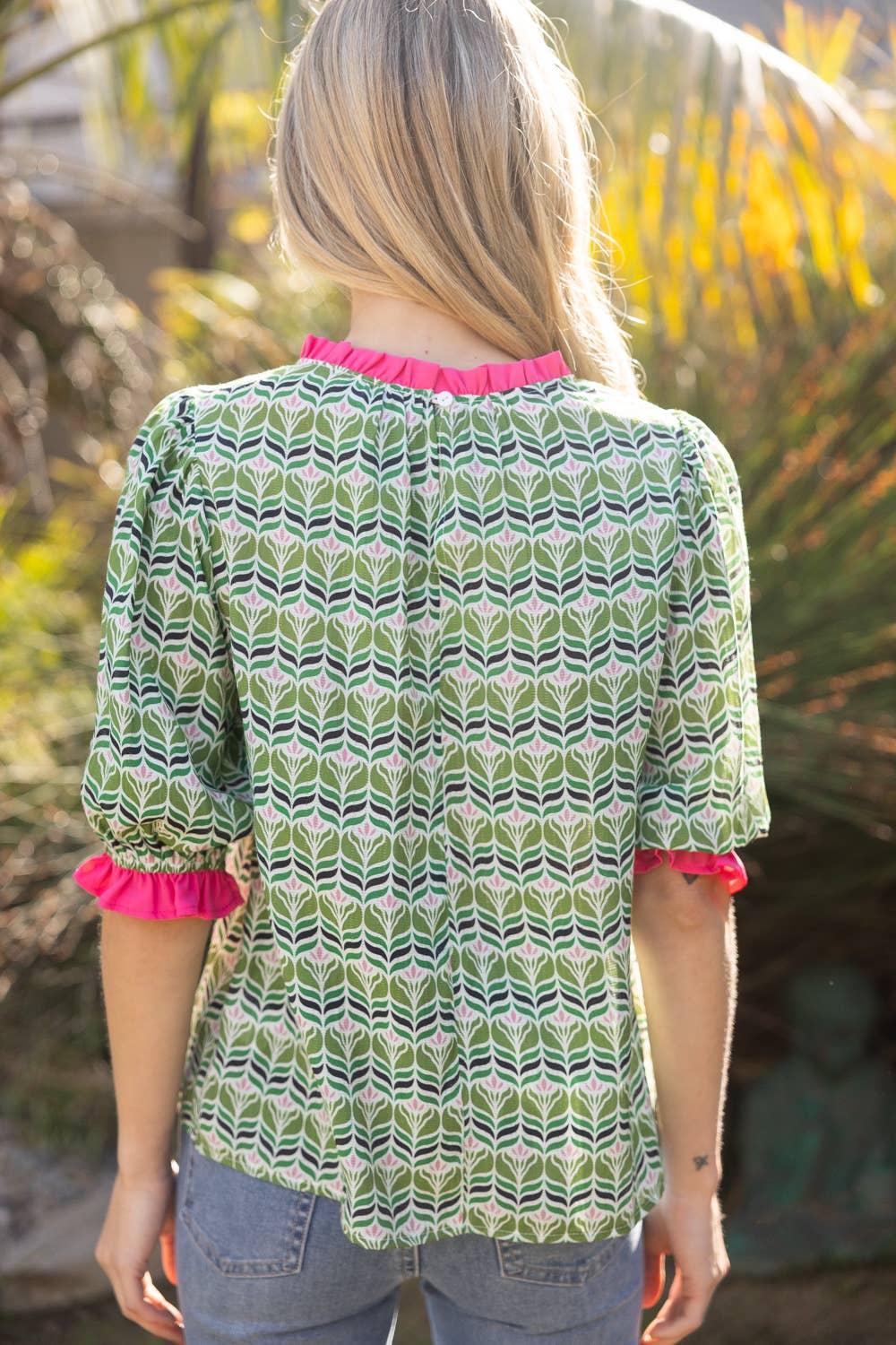 Contrast Ruffle Puff Sleeve Print Top