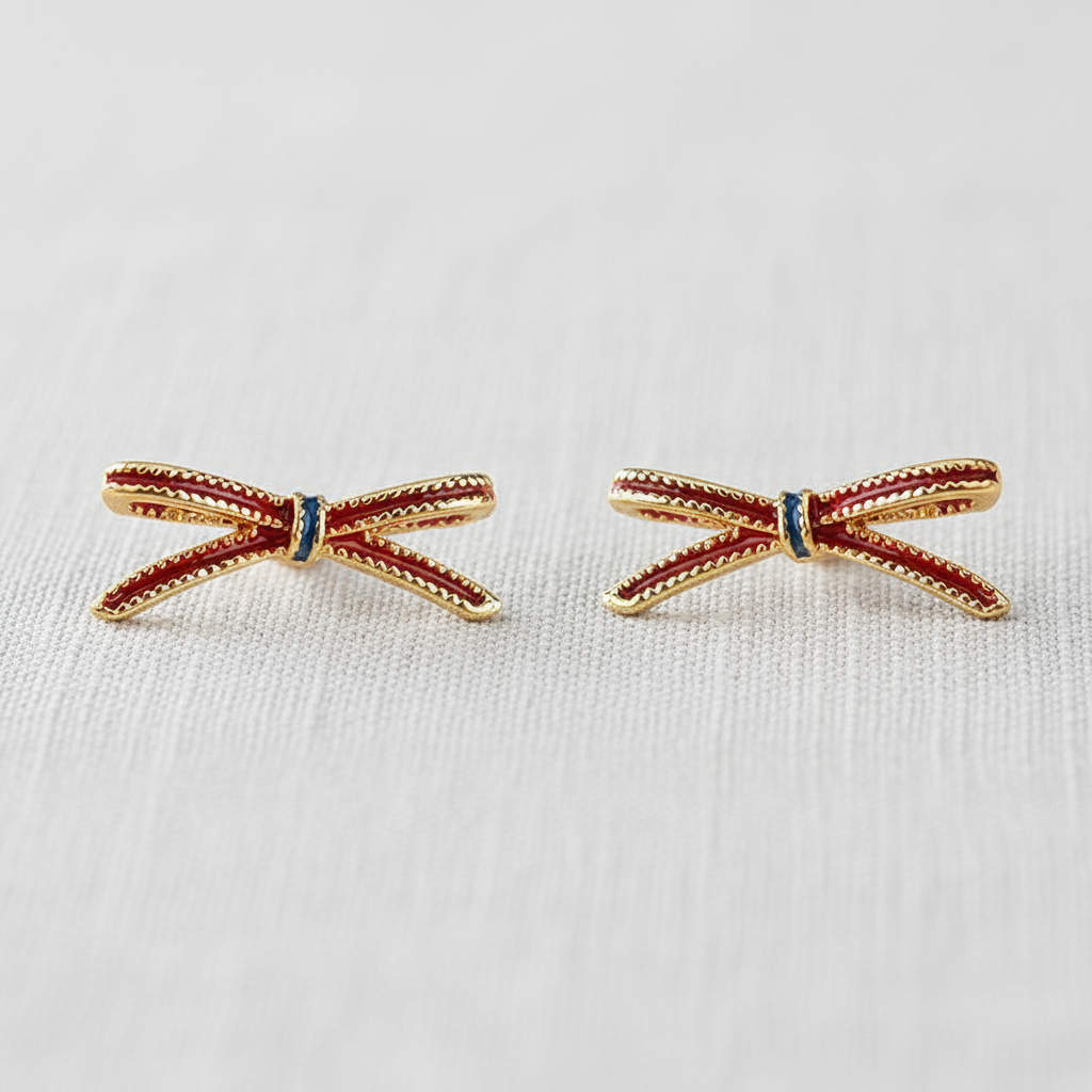 Miniature Burgundy Bow Stud Earrings