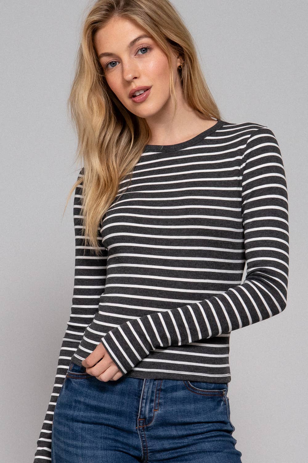 Long Sleeve Crew Neck Yarn Dyed Stripe Knit Top