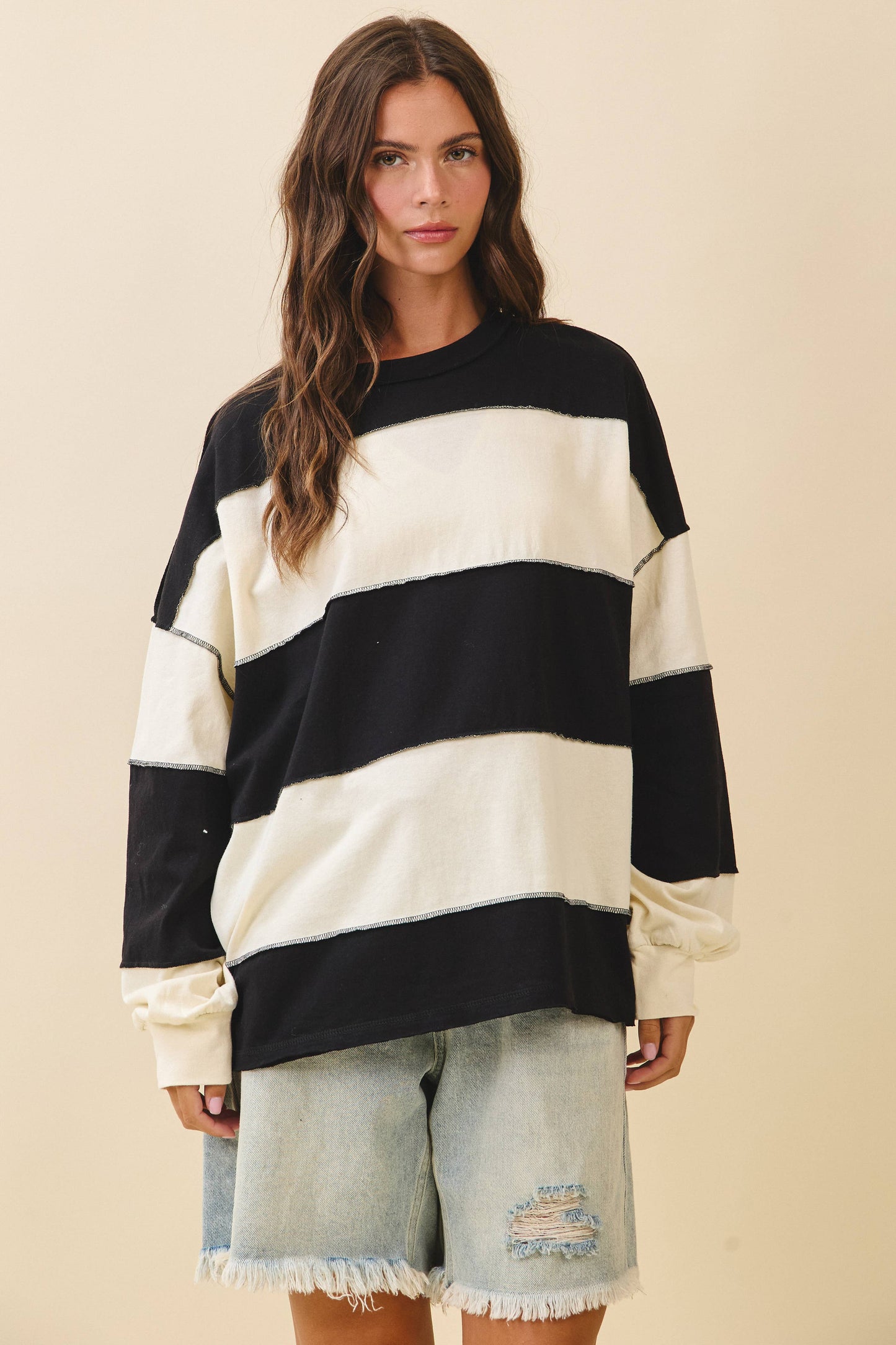 Contrast Panel Long Sleeve Slouchy Top