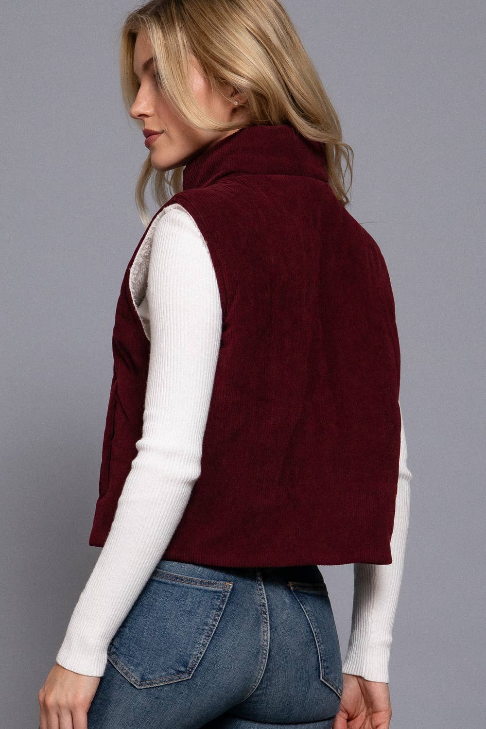 High Neck Inner Faux Fur Zip Up Corduroy Puffer Vest