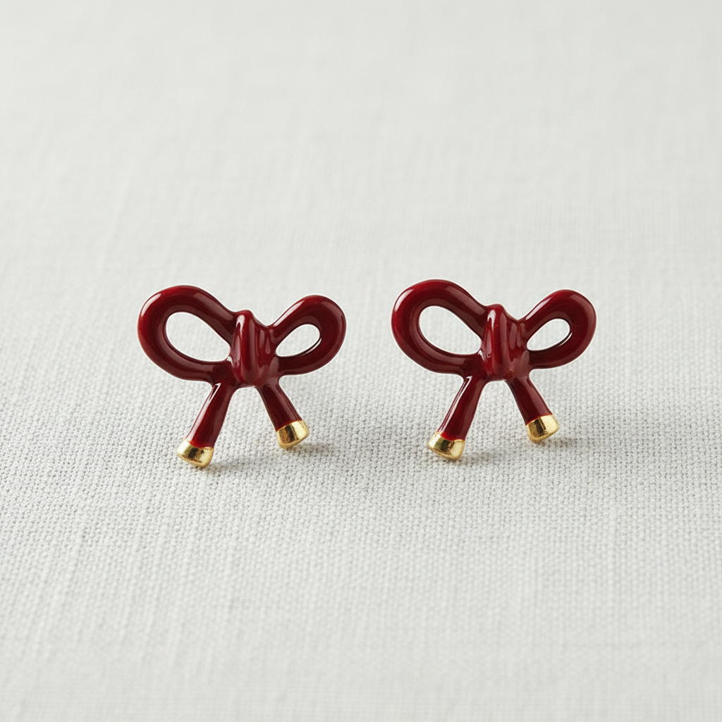 Burgundy Enamel Bow Earrings