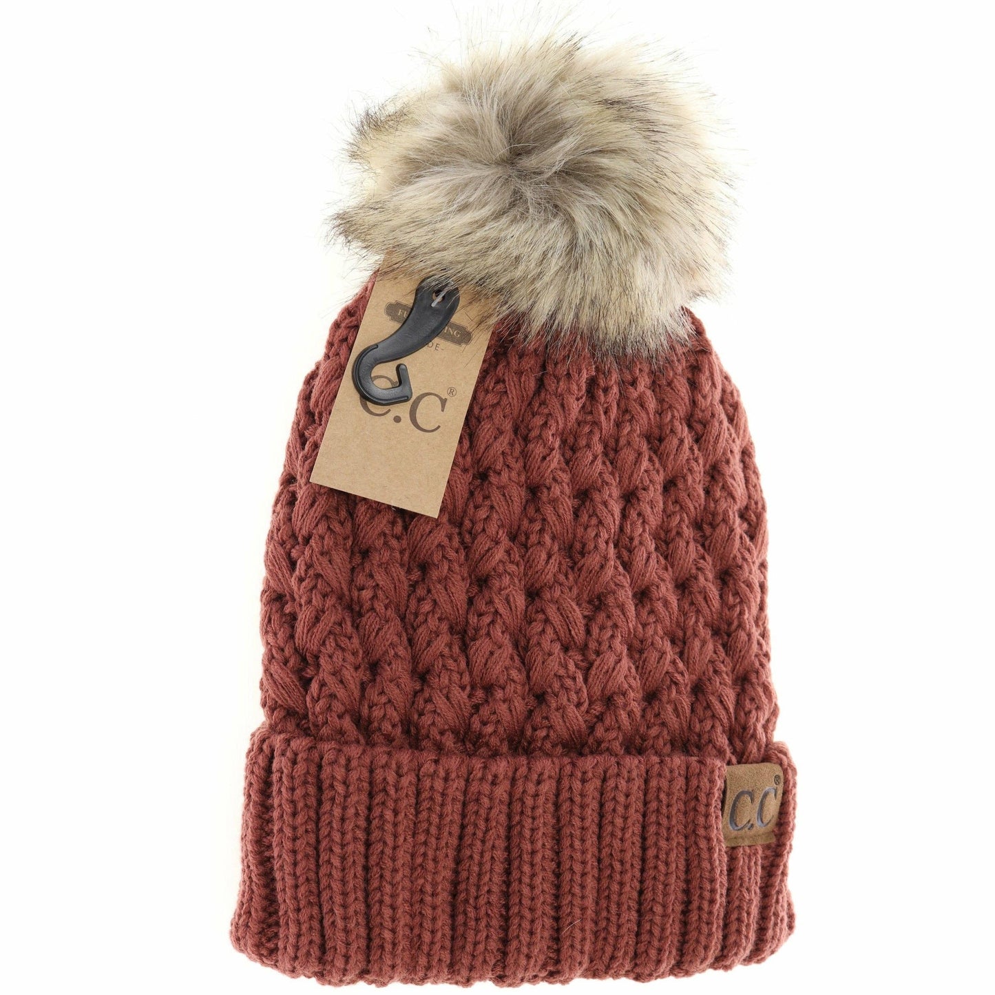 Solid Lattice Stitch Fur Pom CC Beanie