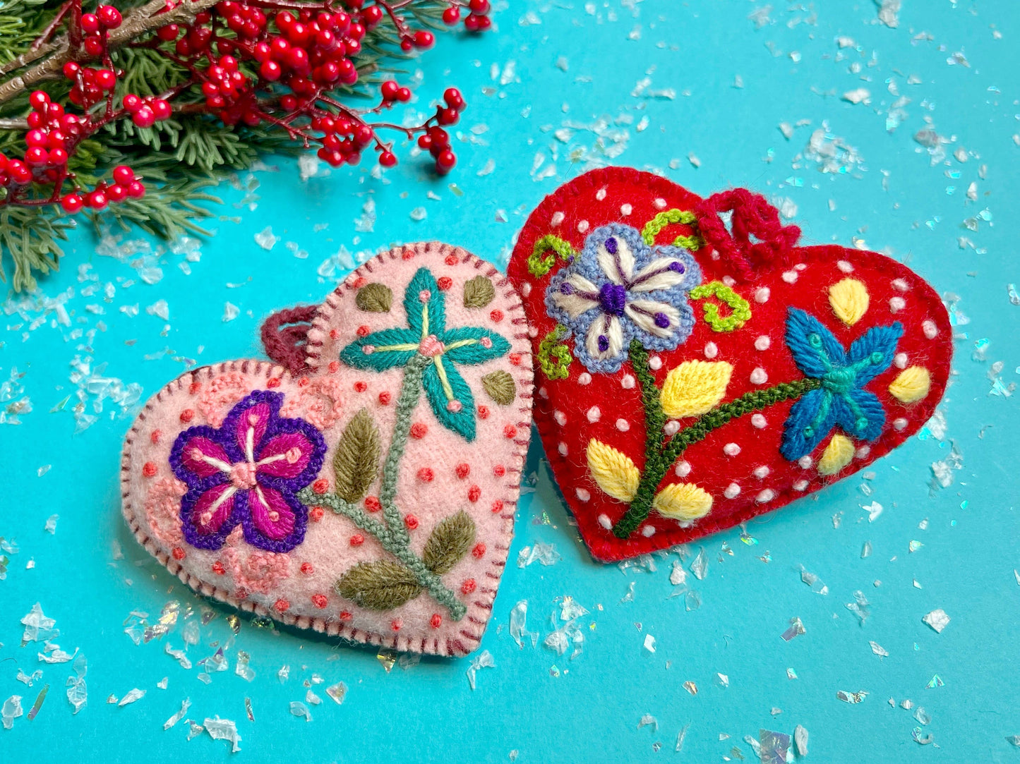 Colorful Embroidered Heart Christmas Ornament