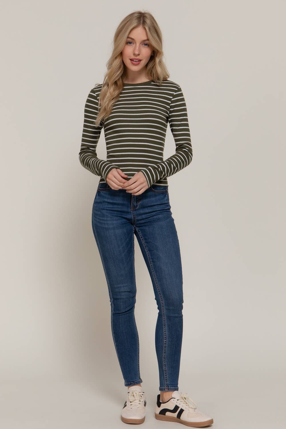 Long Sleeve Crew Neck Yarn Dyed Stripe Knit Top