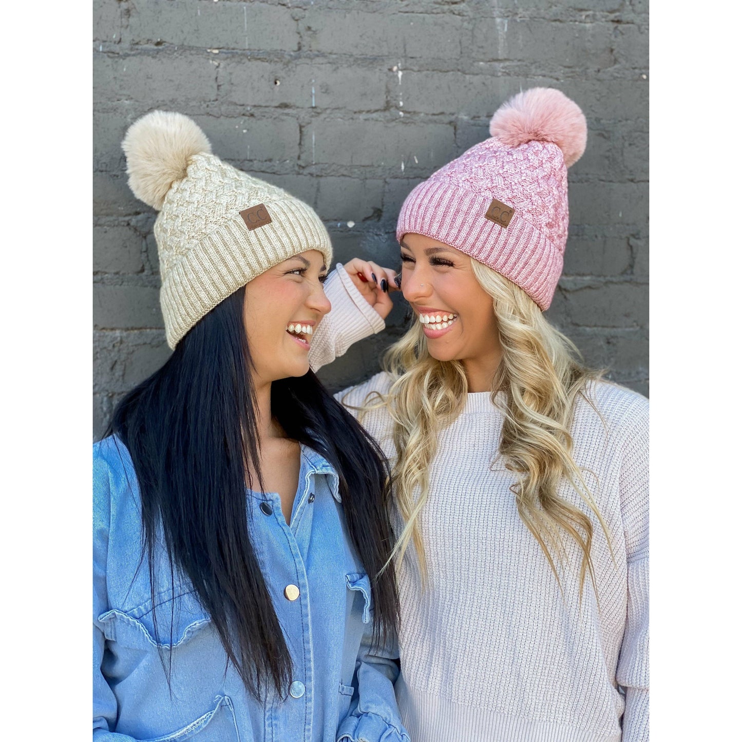 Woven Cable Knit Cuffed Matching Fur Pom CC Beanie