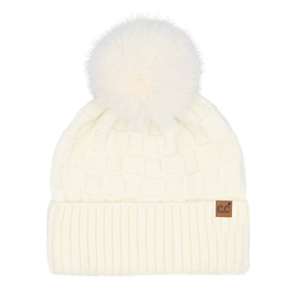 Woven Checkered Texture Pom C.C Beanie