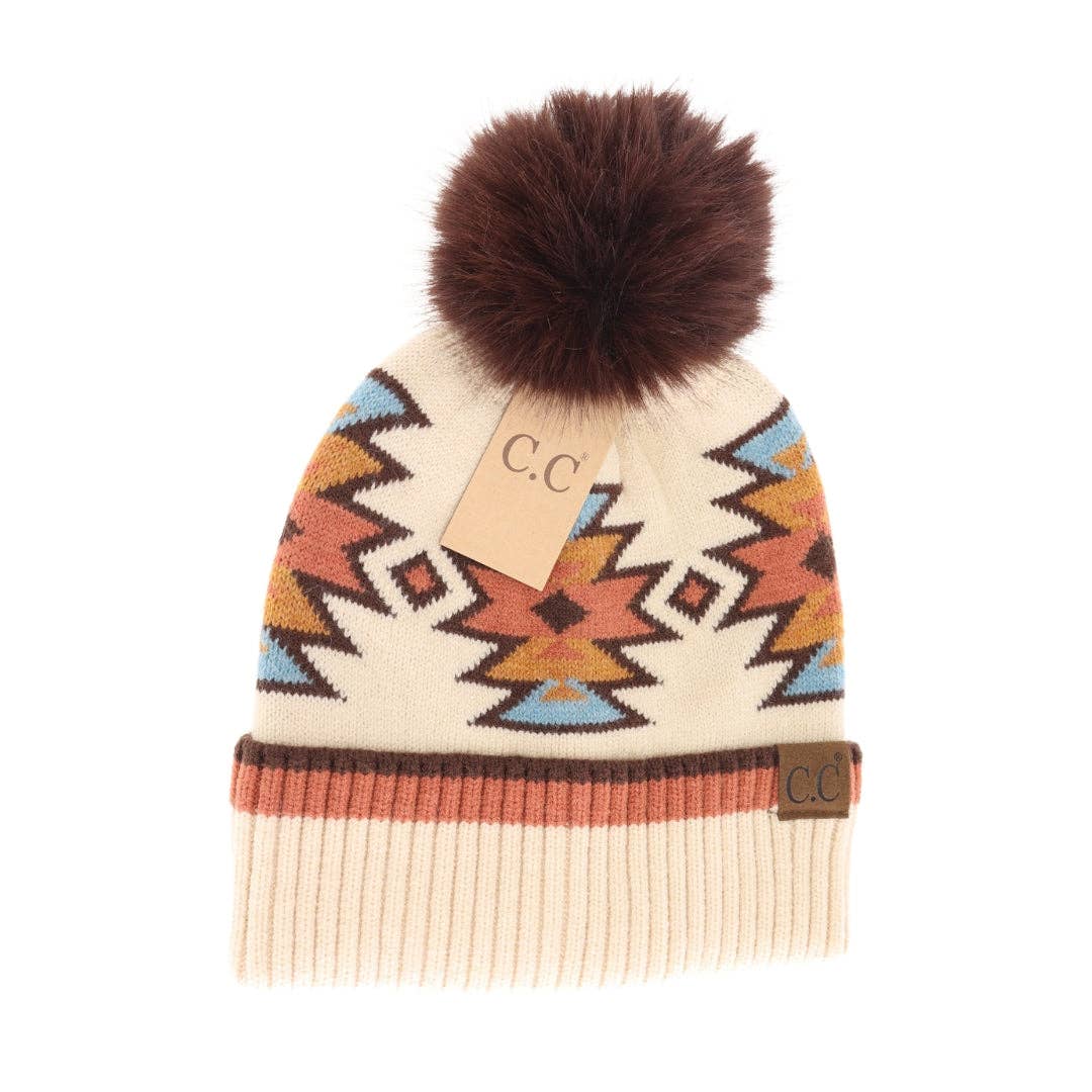 Southwestern Faux Fur Pom C.C Beanie