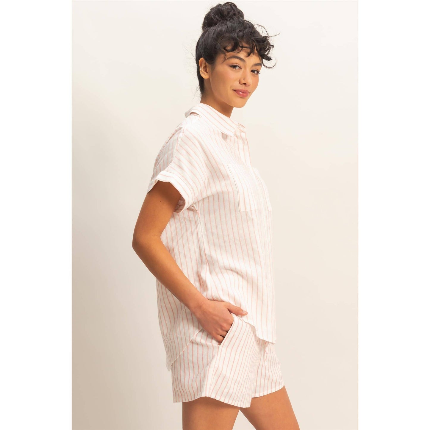 Striped Button-Up Dolman Sleeve Shirt