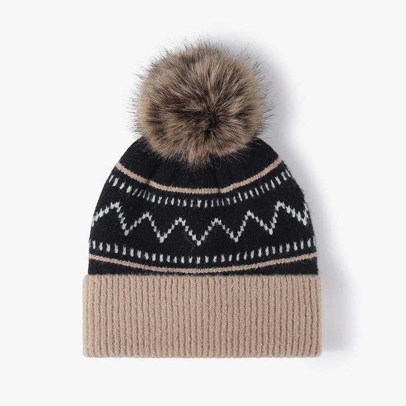 Splicing Striped Padded Knit Pom Beanie MK2BLW6W6HAT298
