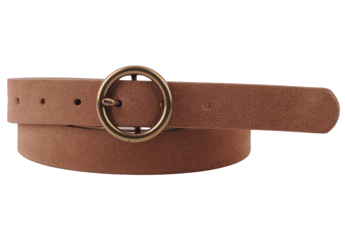 Round Brass Buckle Suede/Genuine Leather Belt