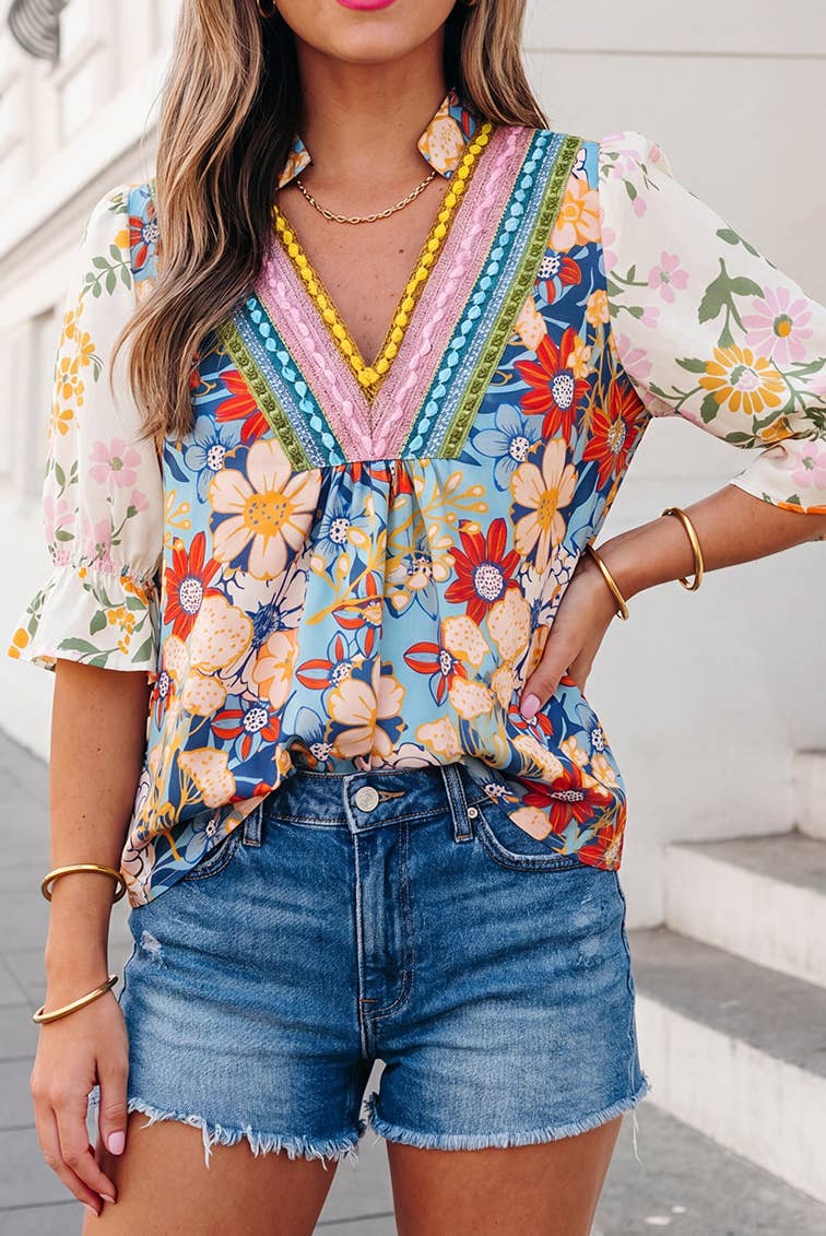 Boho Floral Crochet V Neck Blouse