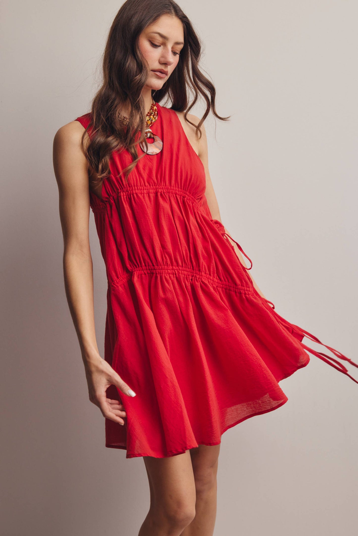 Ruched Tie Detail Lined Mini Dress