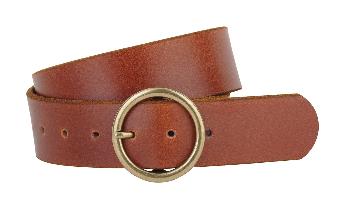 Brass-Toned Circle Buckle Genuine Leather Belt | Best-Seller
