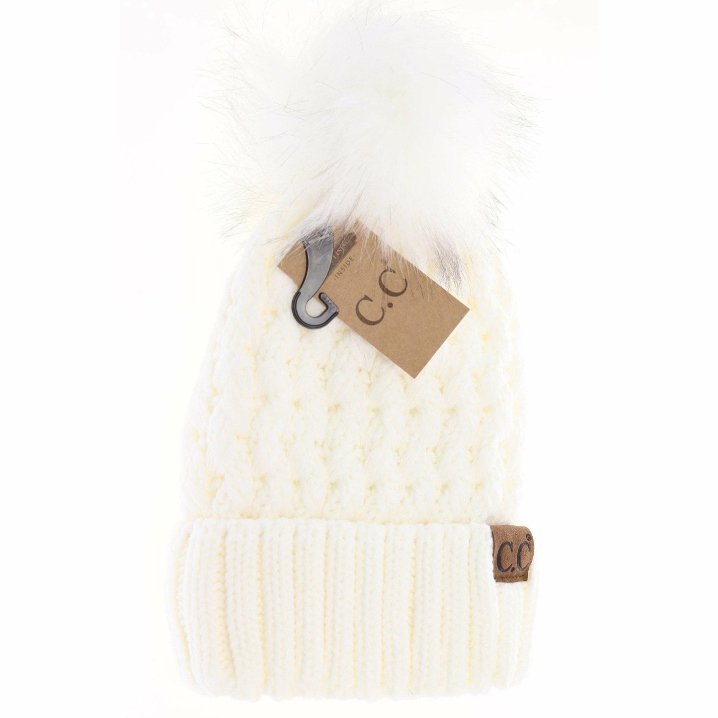 Solid Lattice Stitch Fur Pom CC Beanie