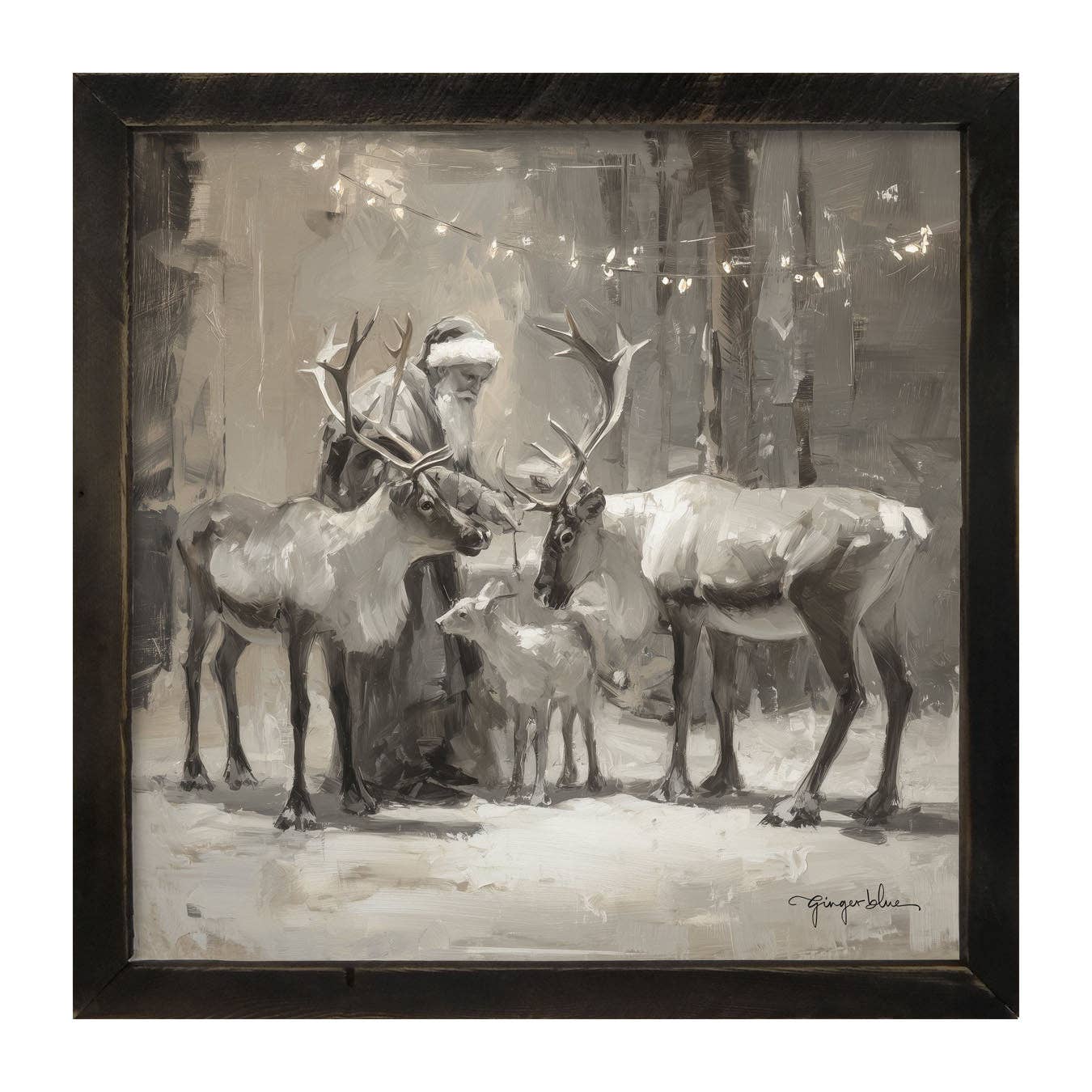 Santa and Reindeers under Christmas Lights