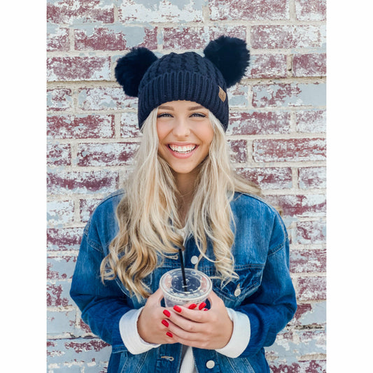 Cable Knit Double Matching Pom Beanie HAT2055-S
