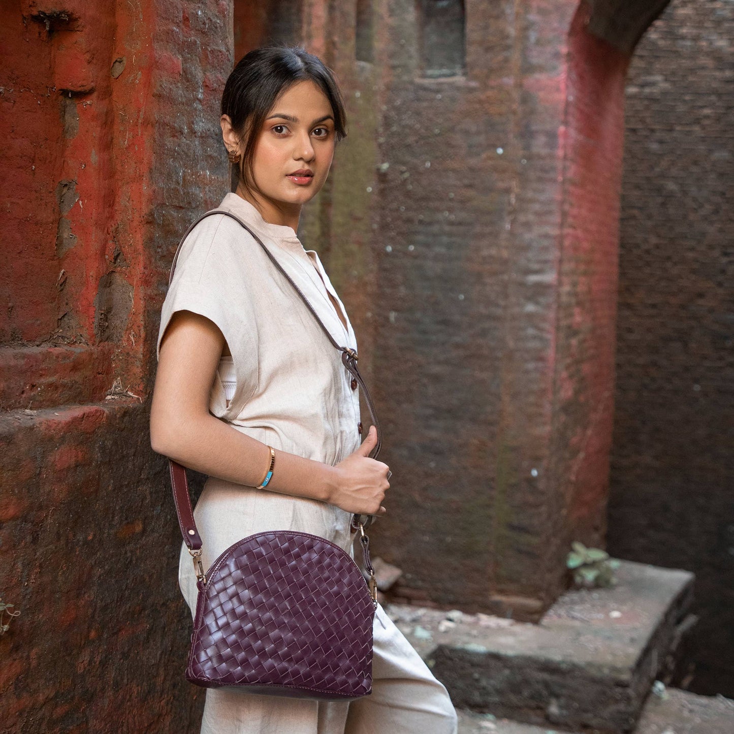 Woven Halfmoon Crossbody - Plum