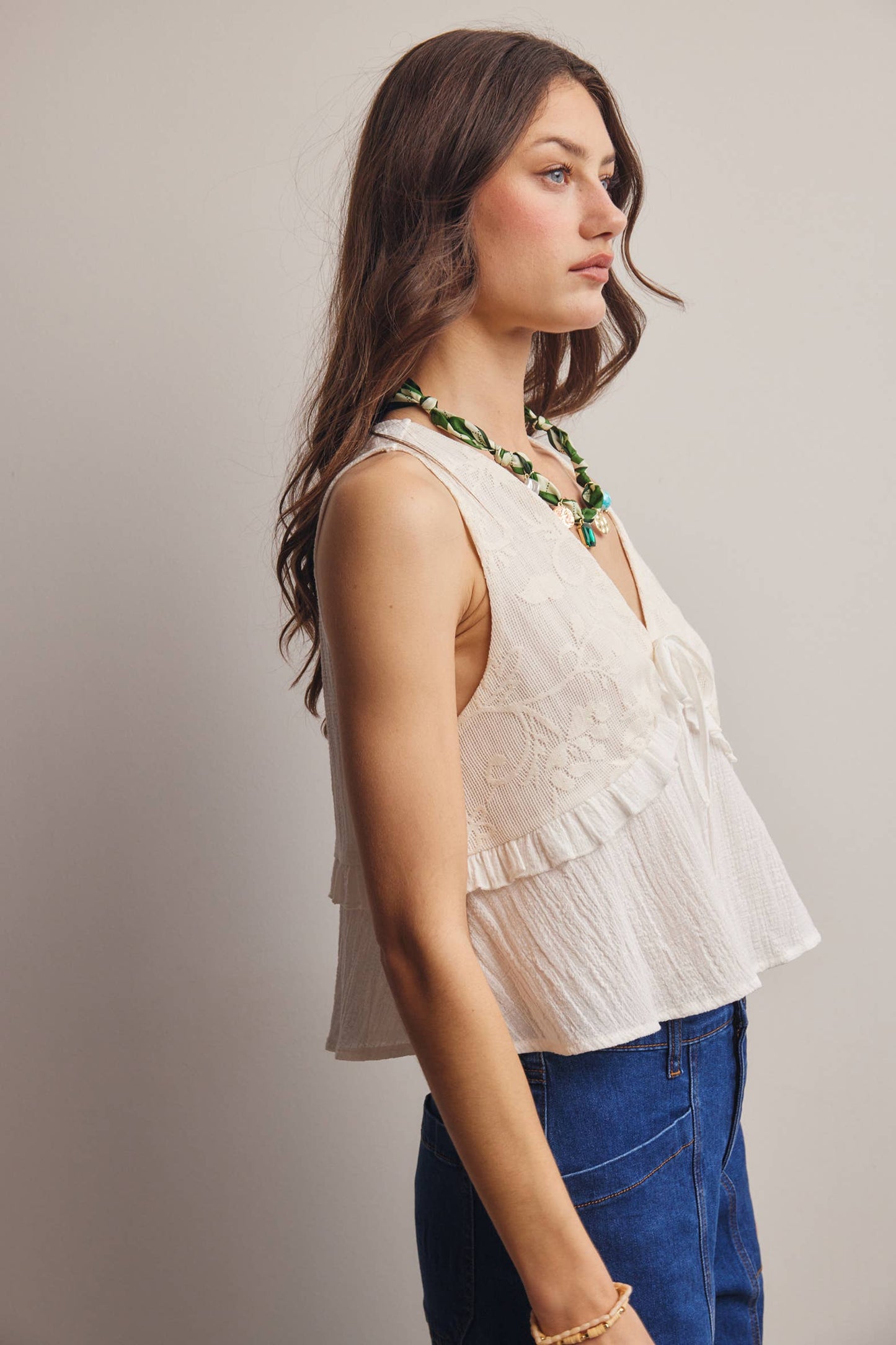 Lace Yoke Tie-Front Sleeveless Top