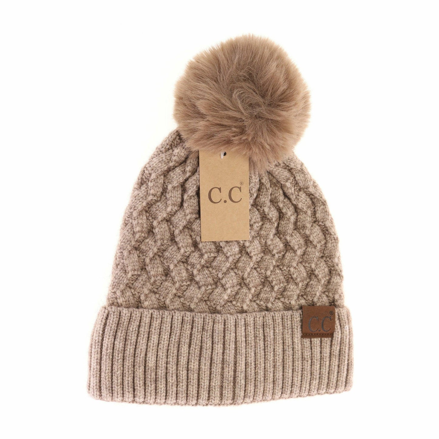 Woven Cable Knit Cuffed Matching Fur Pom CC Beanie