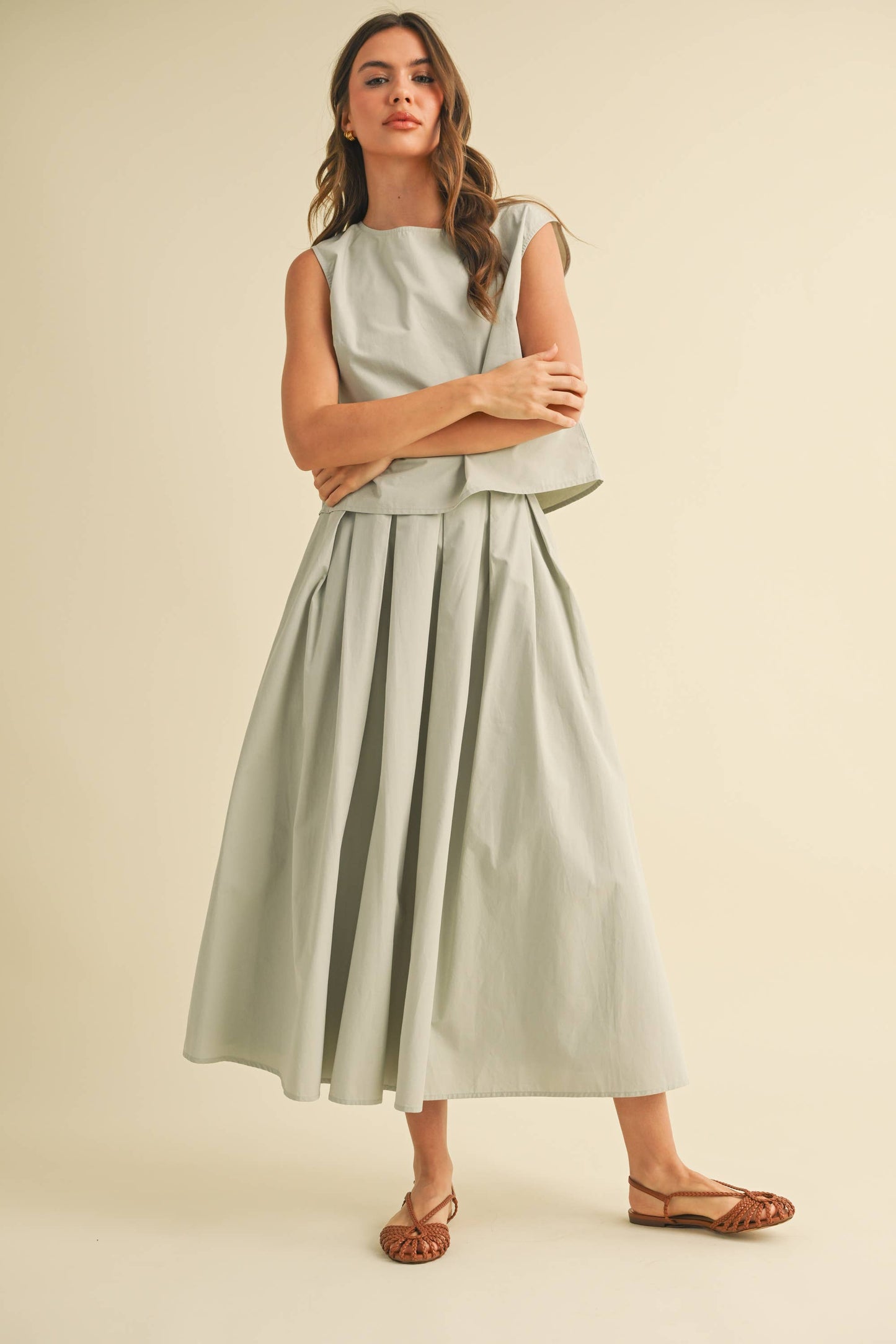 Sleeveless Top and Pleated Midi Skirt Set