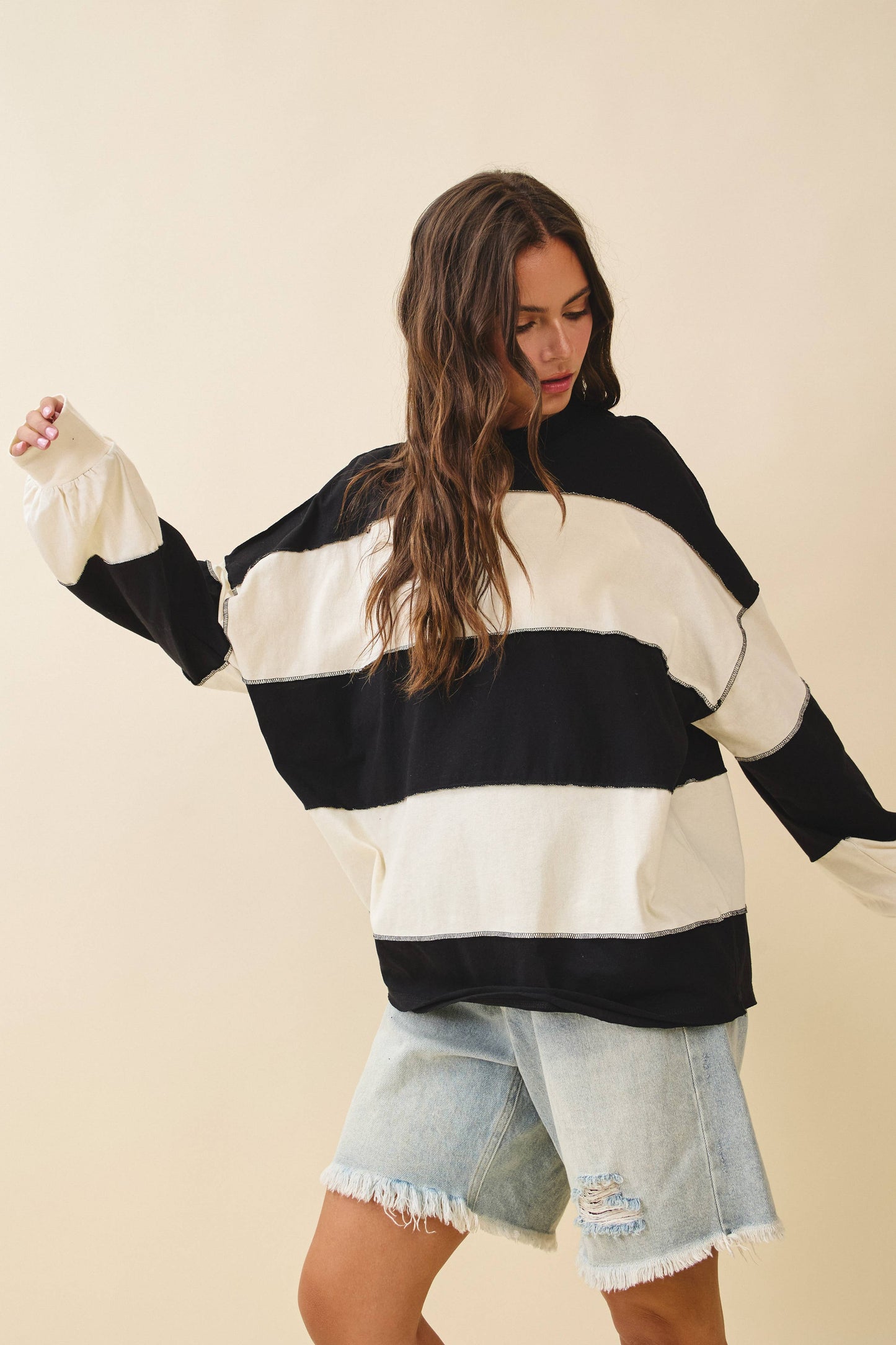 Contrast Panel Long Sleeve Slouchy Top