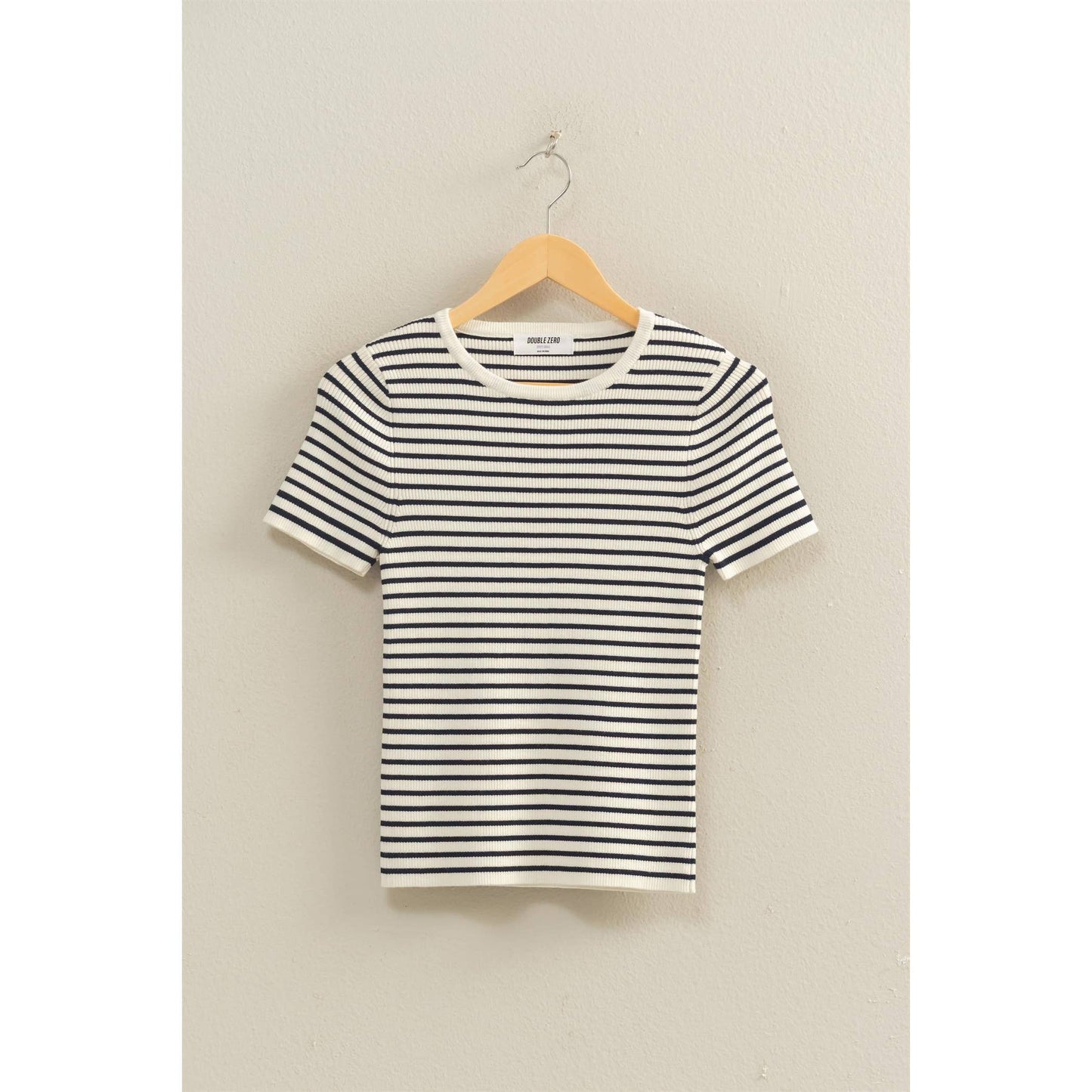 Striped Ribbed Short Sleeve Crew Neck Knit Top