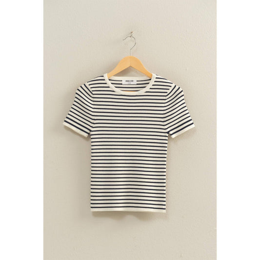 Striped Ribbed Short Sleeve Crew Neck Knit Top
