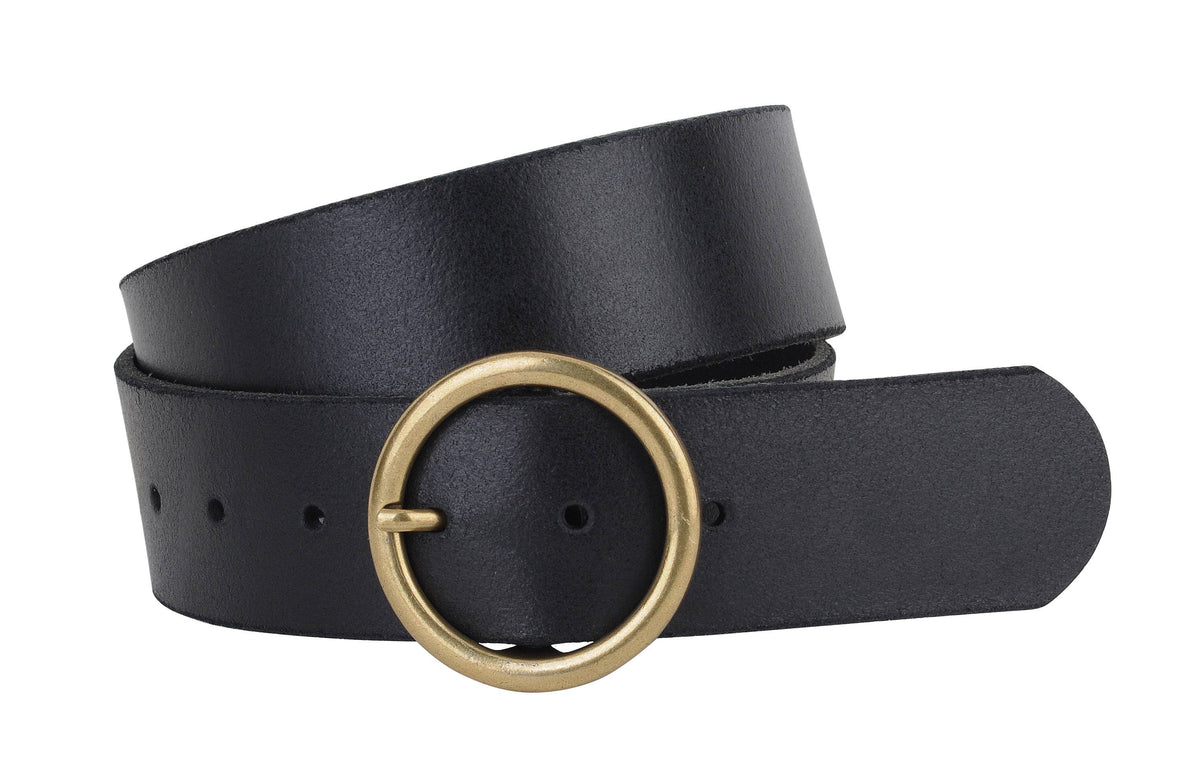 Brass-Toned Circle Buckle Genuine Leather Belt | Best-Seller