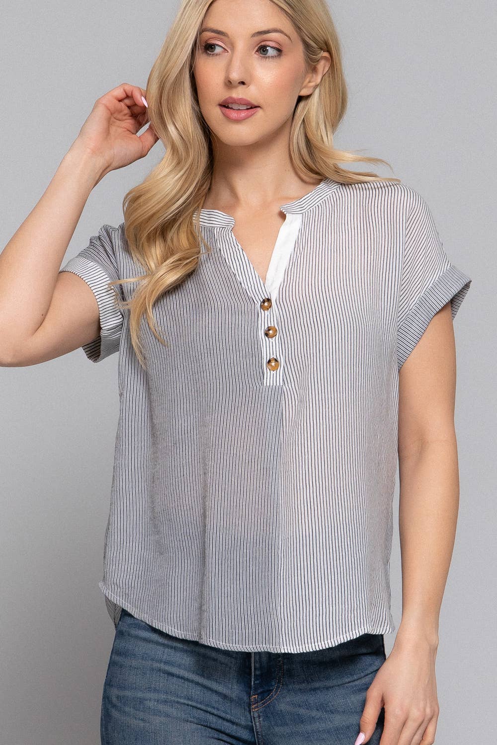 Short Sleeve Split Round Neck Stripe Print Woven Top