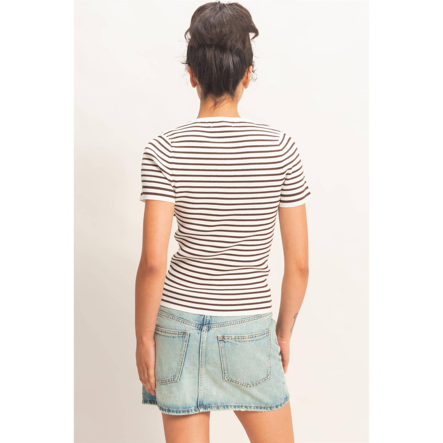Striped Ribbed Short Sleeve Crew Neck Knit Top