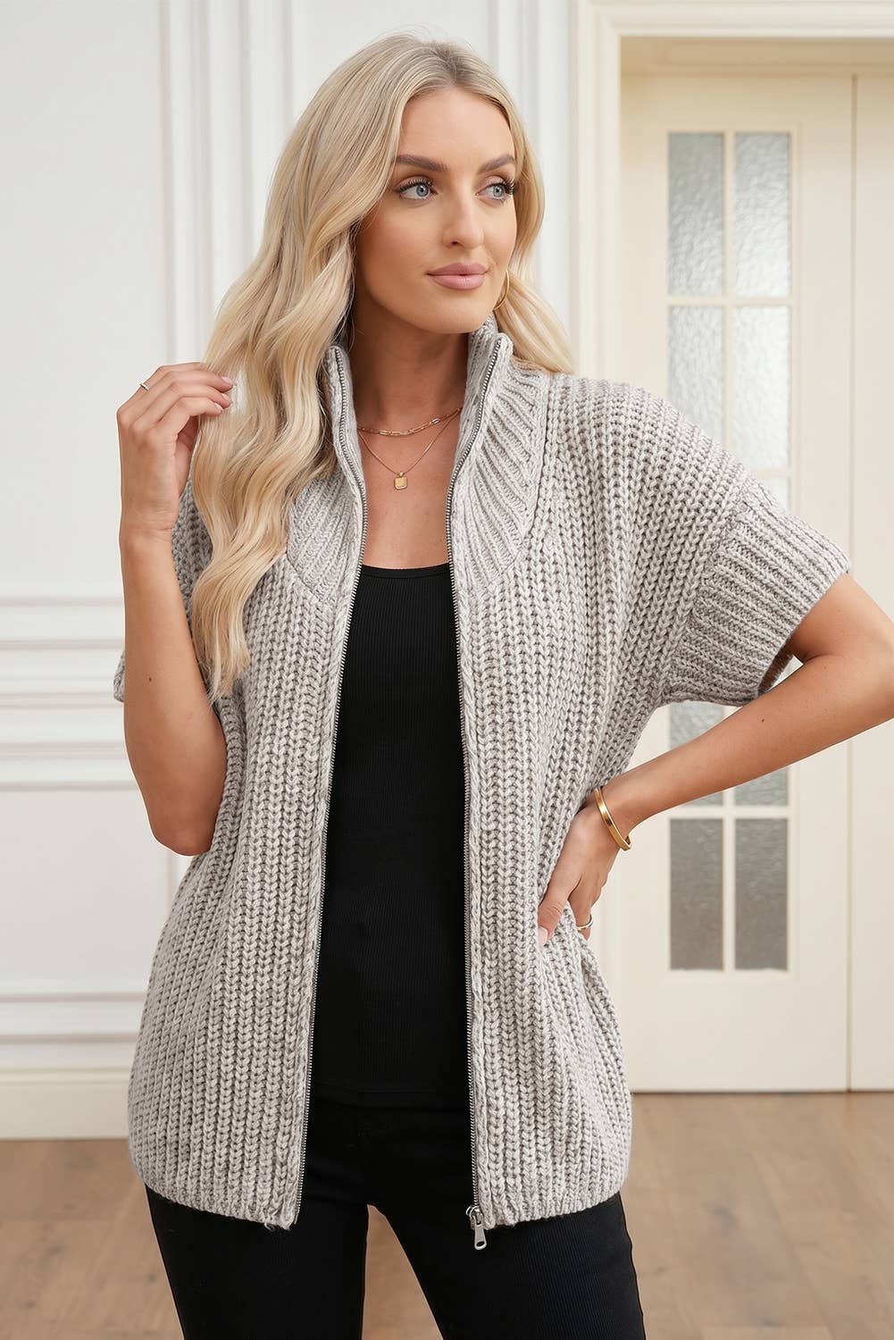Textured Zip-Up Short Sleeve Sweater Cardigan