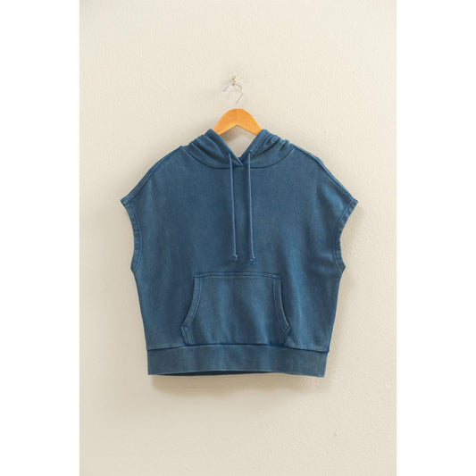 Acid Washed Sleeveless Hooded Kangaroo Pocket Top