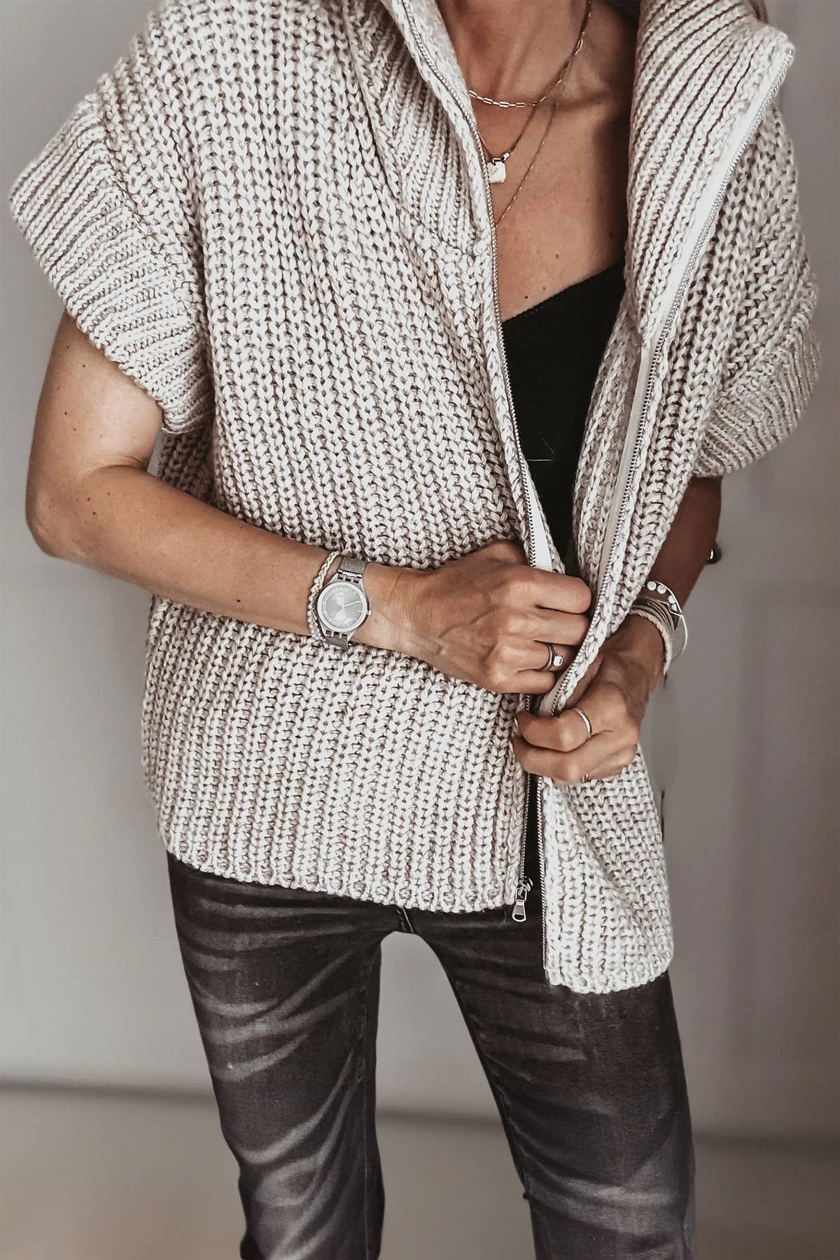 Textured Zip-Up Short Sleeve Sweater Cardigan