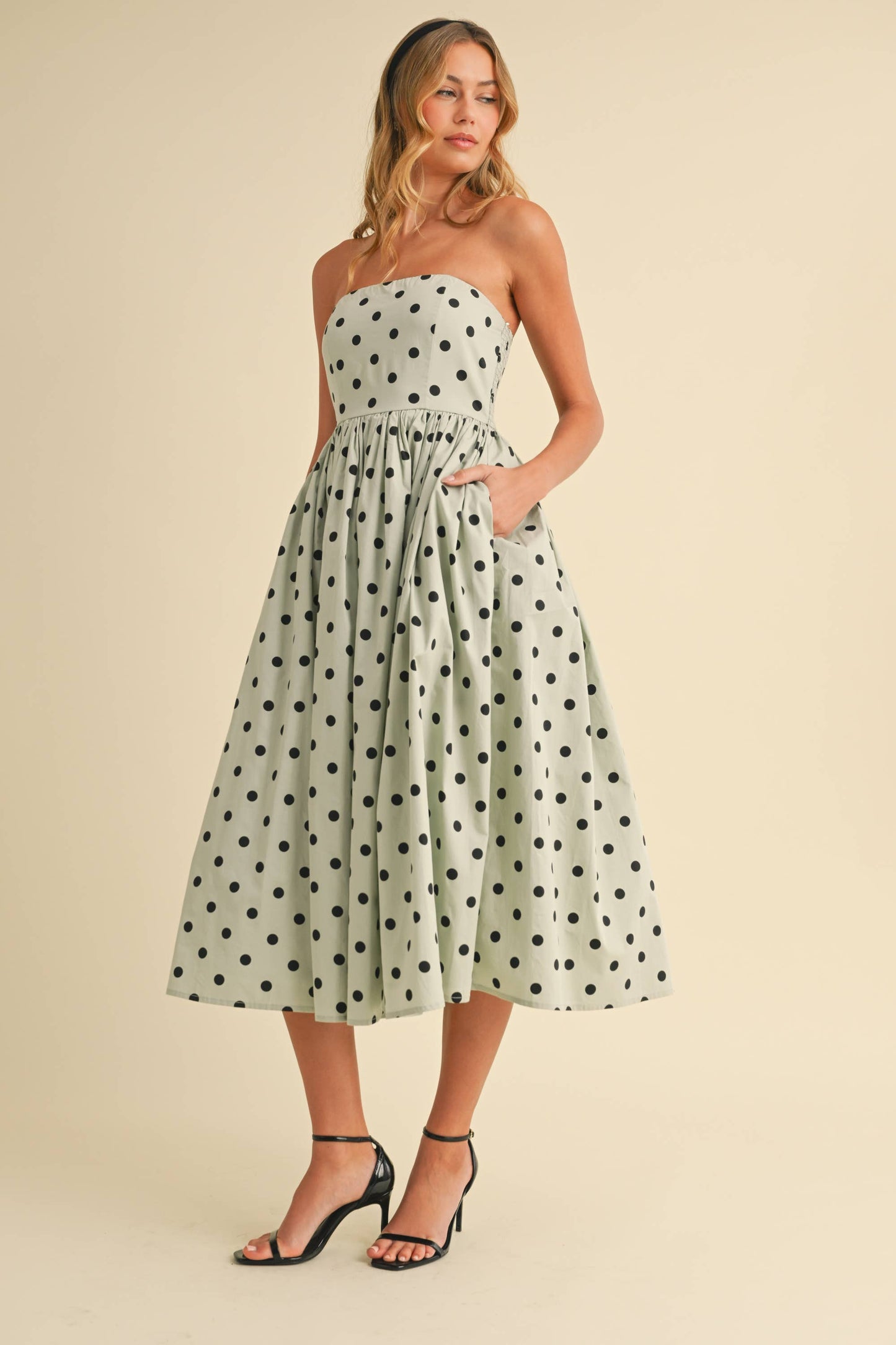 Polka Dot Strapless Tea Length Dress