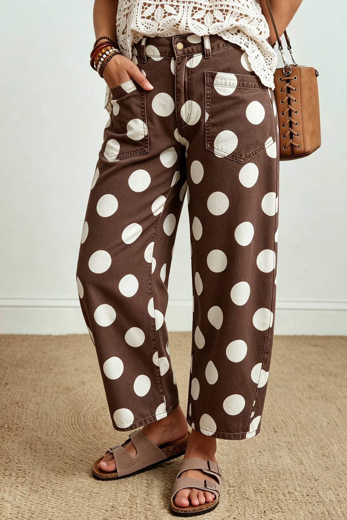 Polka Dot Pocket Ankle-Length Wide Leg Jeans