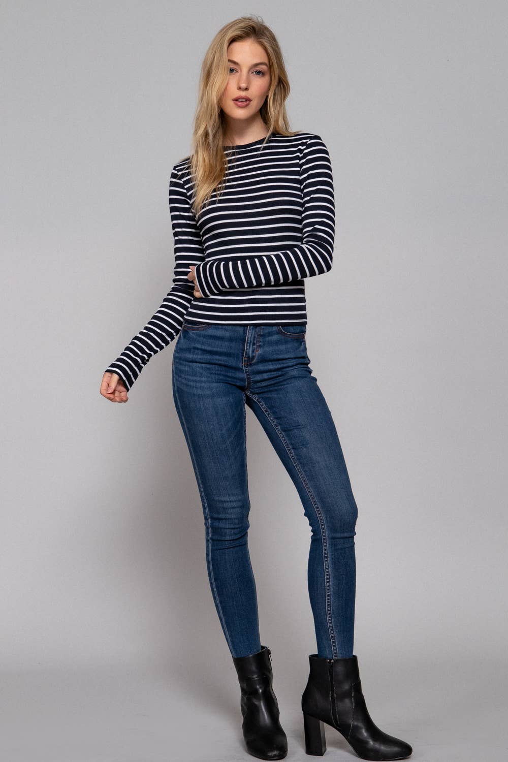 Long Sleeve Crew Neck Yarn Dyed Stripe Knit Top