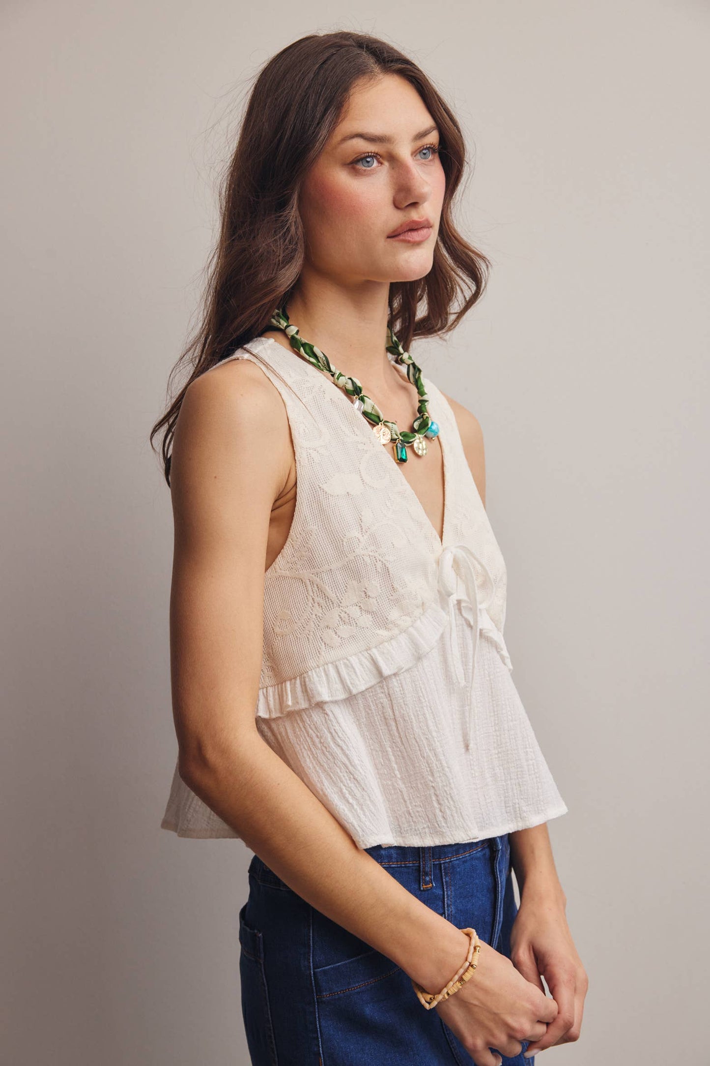 Lace Yoke Tie-Front Sleeveless Top
