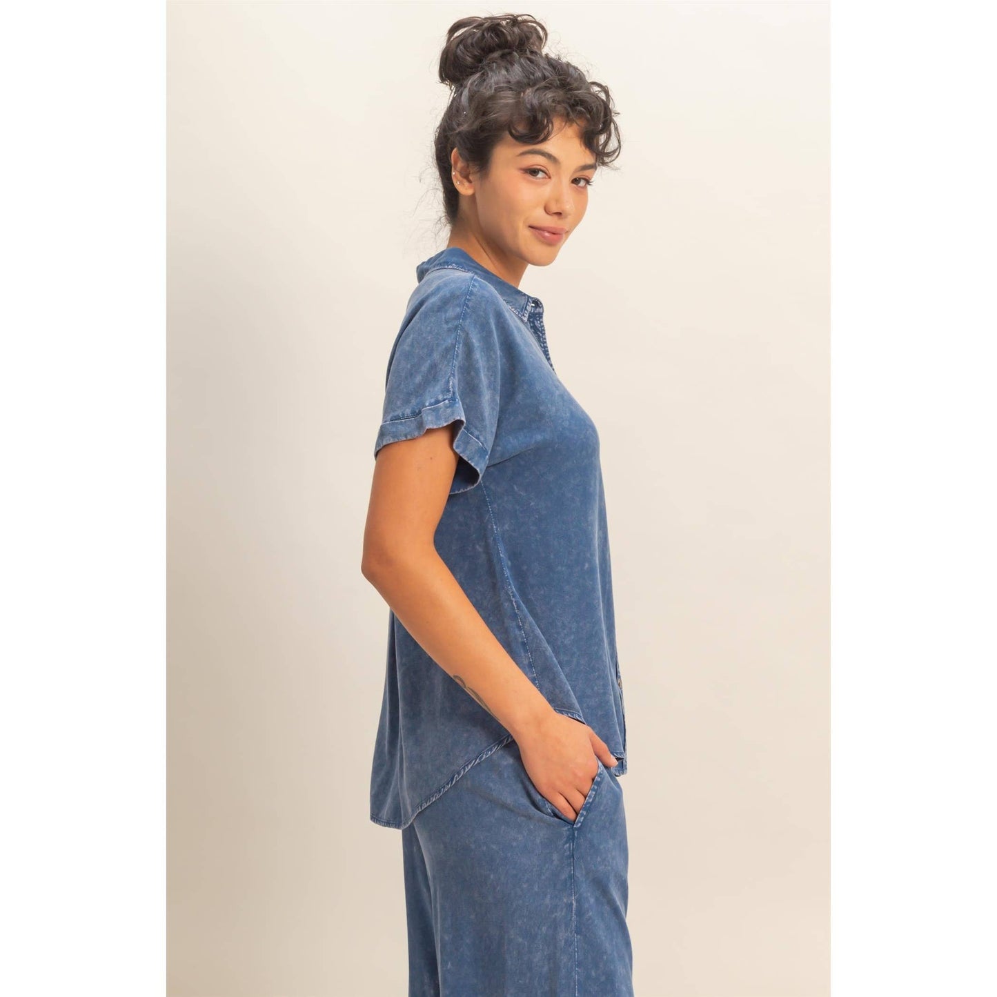 Mineral Wash Button-Up Dolman Sleeve Shirt