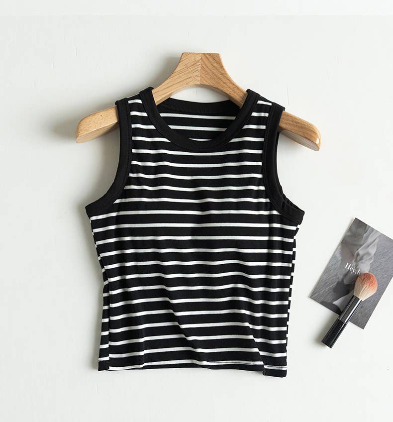 Daily Basic cotton blend stripe fitted tank top w self bra