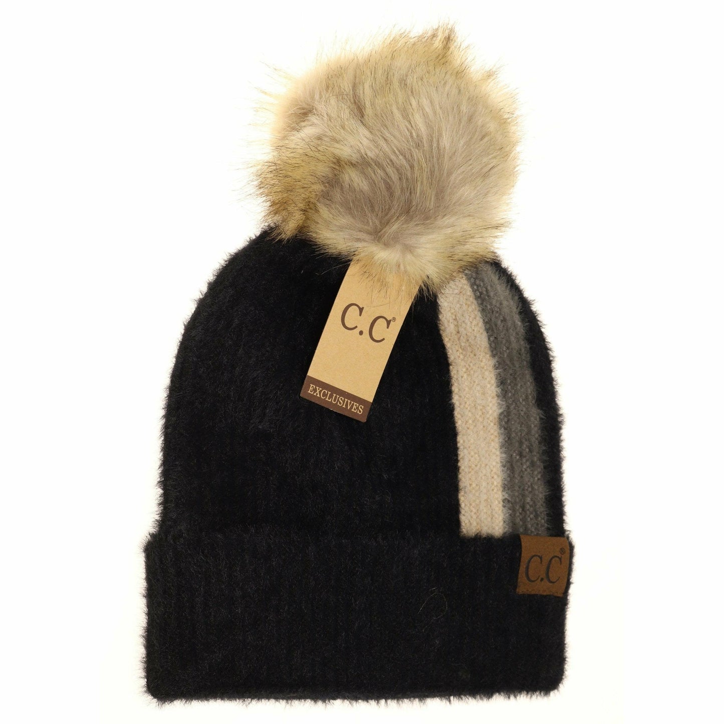 CC Beanie Striped Fur Knitted Pom Beanie