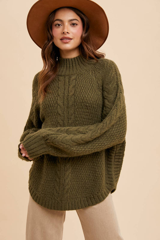 TEXTURED CABLE KNIT HIGHNECK SWEATER