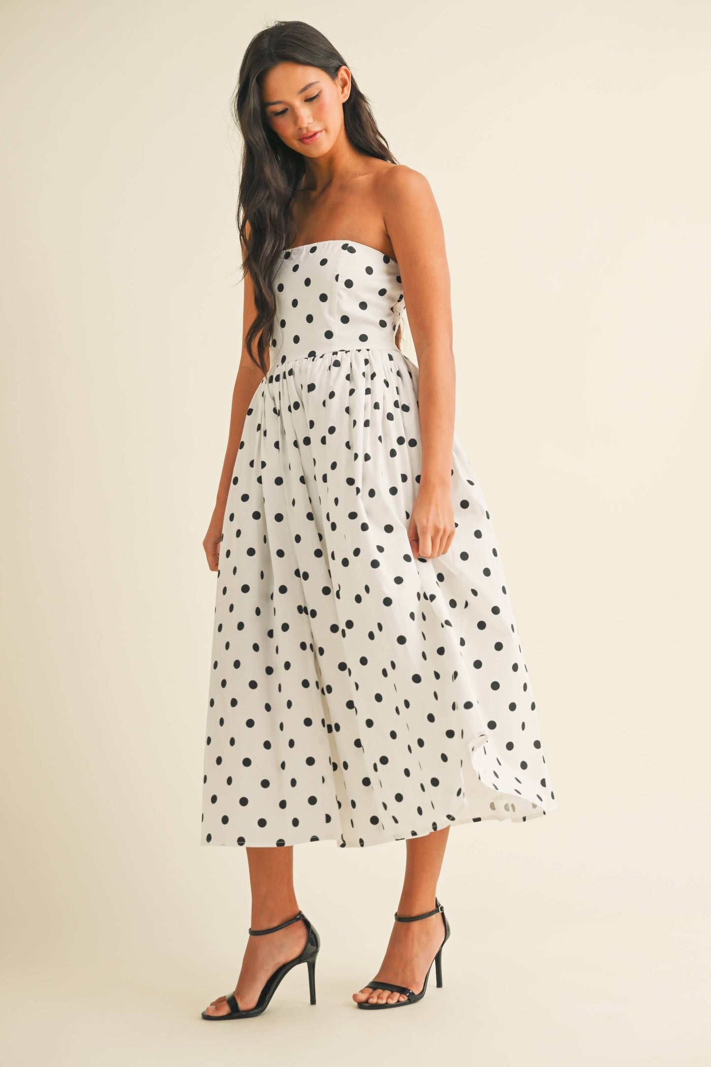 Polka Dot Strapless Tea Length Dress