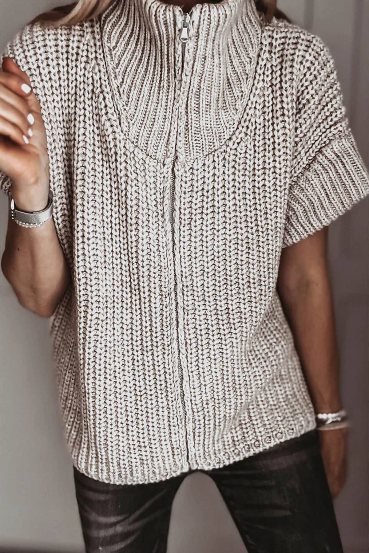 Textured Zip-Up Short Sleeve Sweater Cardigan