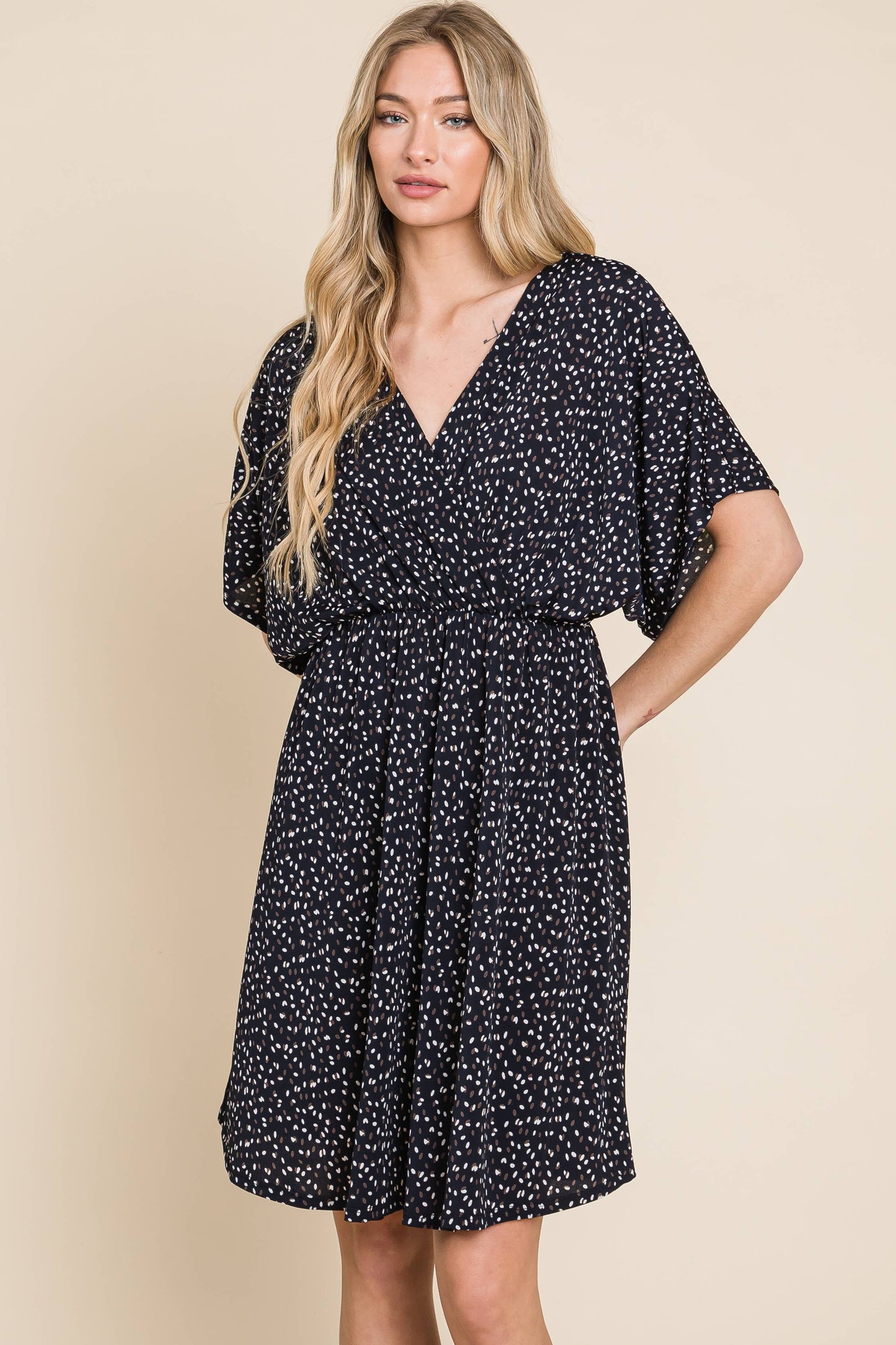 Blue Dot Wrap V Neck Dress