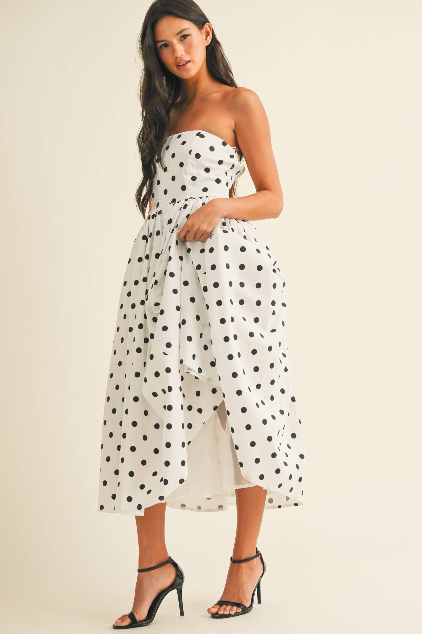 Polka Dot Strapless Tea Length Dress