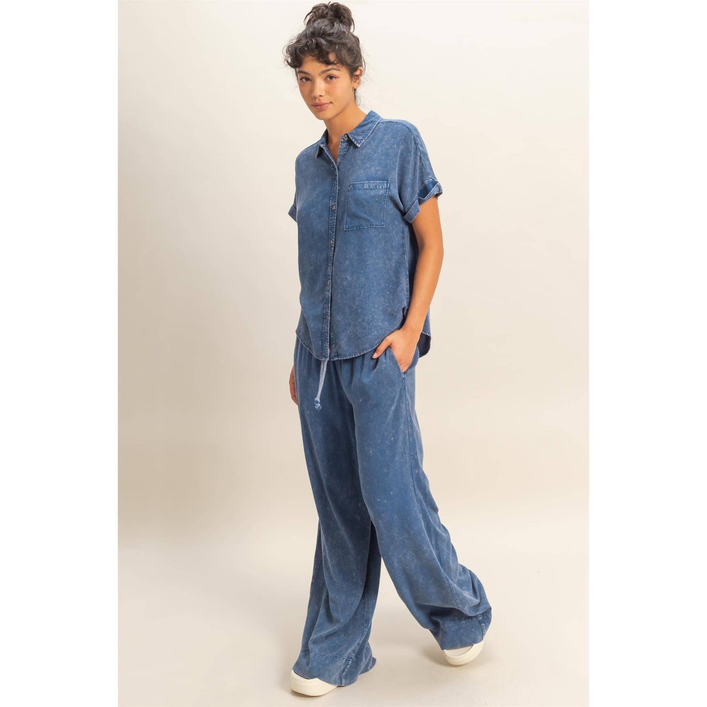 Mineral Wash Button-Up Dolman Sleeve Shirt