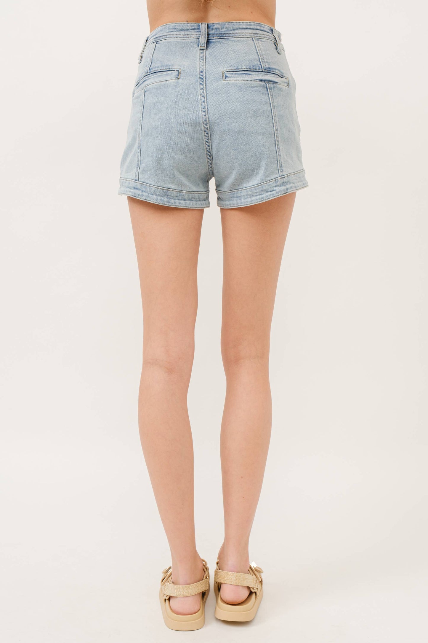 Stretched Denim Shorts w/ Curved Hem